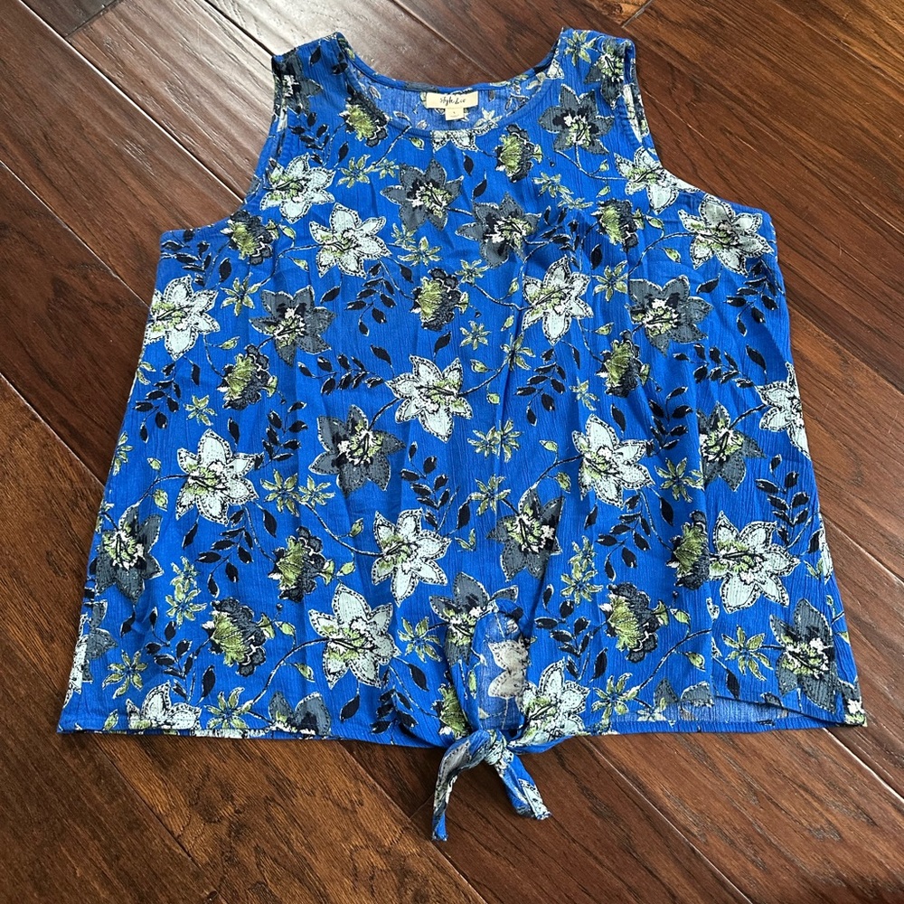 Style & Co Blue Floral Front Tie Tank Top